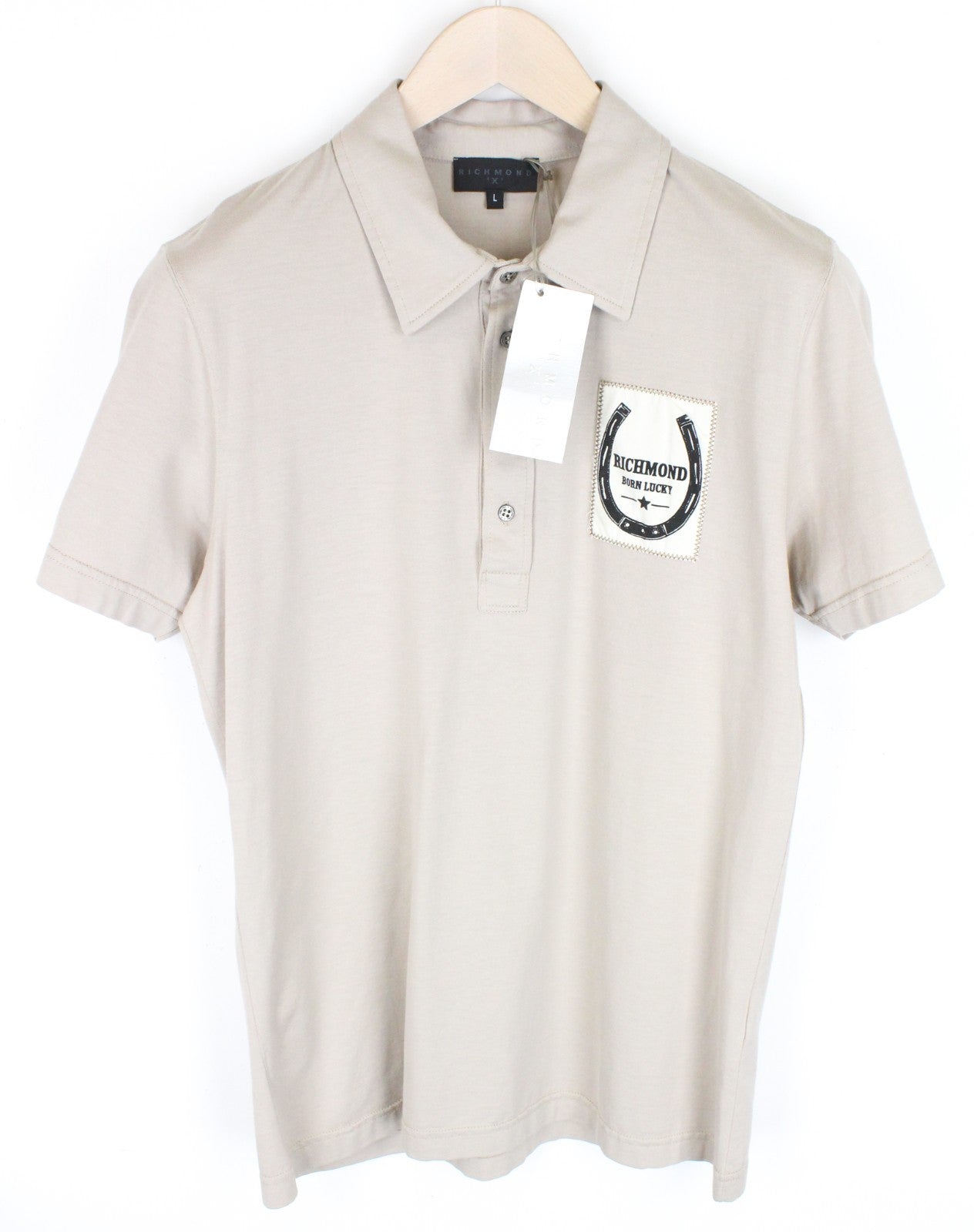 RICHMOND  Men T-Shirt L Beige Pure Cotton Short Sleeved Logo Collared Polo