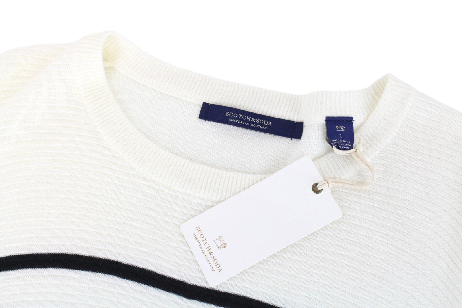 SCOTCH & SODA Ams Couture Men Sweatshirt L Off-White Striped Long Sleeved