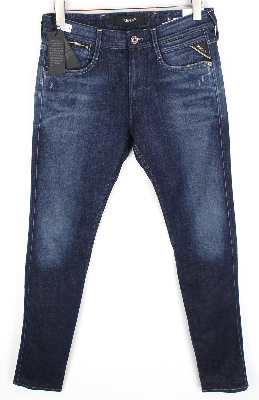 REPLAY Anbass Men Jeans W30/L34 Slim Ft Cotton Stretch Dark Blue Washed Denim