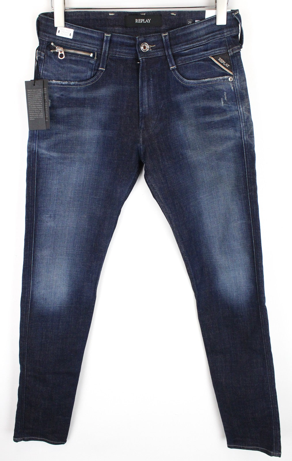 REPLAY Anbass Men Jeans W29/L32 Slim Fit Cotton Coin Zip Stretch Washed Blue