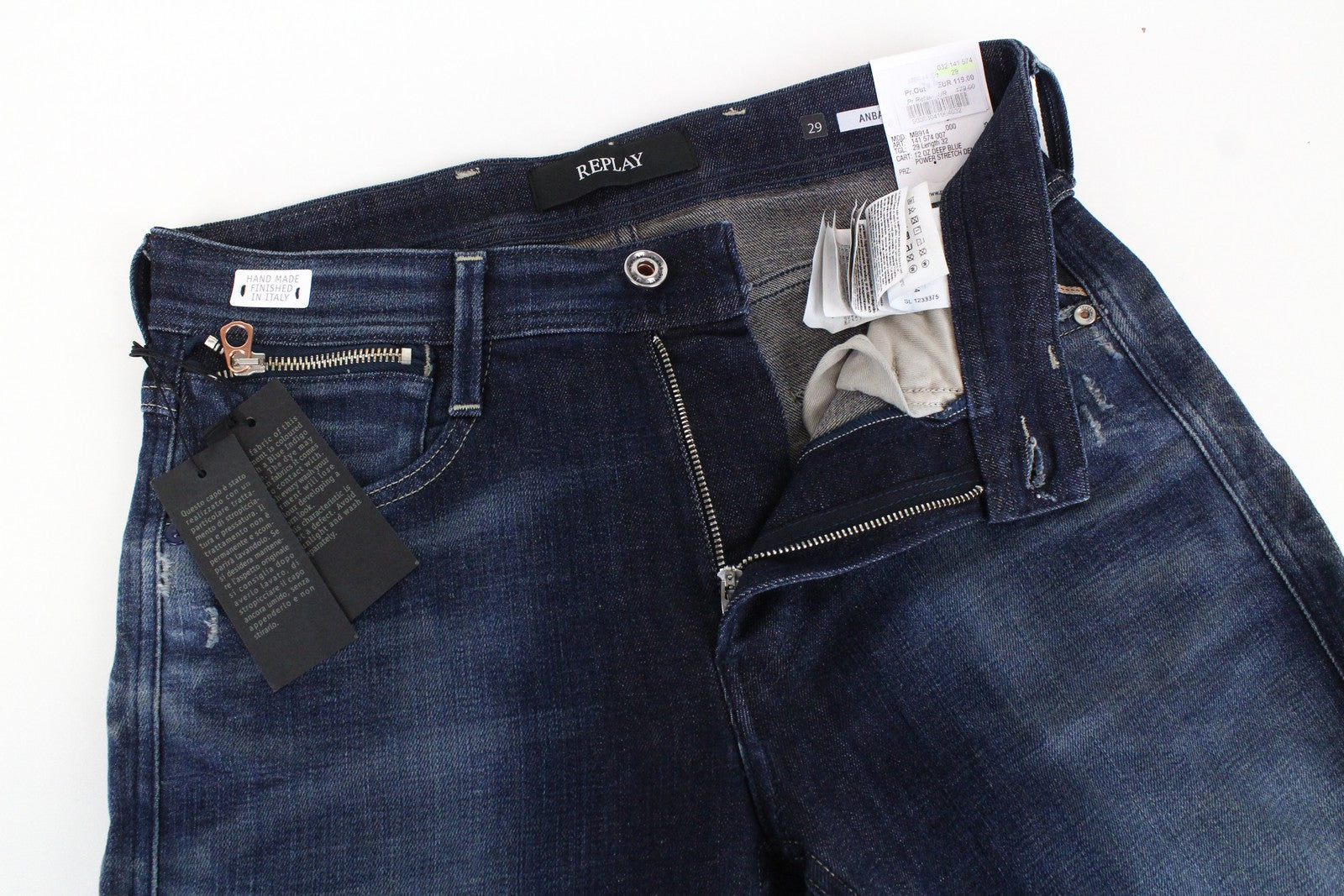 REPLAY Anbass Men Jeans W29/L32 Slim Fit Cotton Coin Zip Stretch Washed Blue