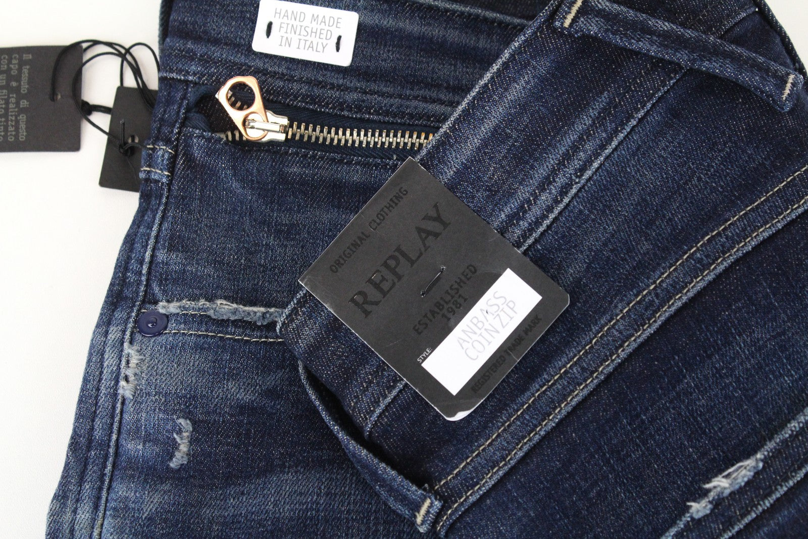 REPLAY Anbass Men Jeans W29/L32 Slim Fit Cotton Coin Zip Stretch Washed Blue