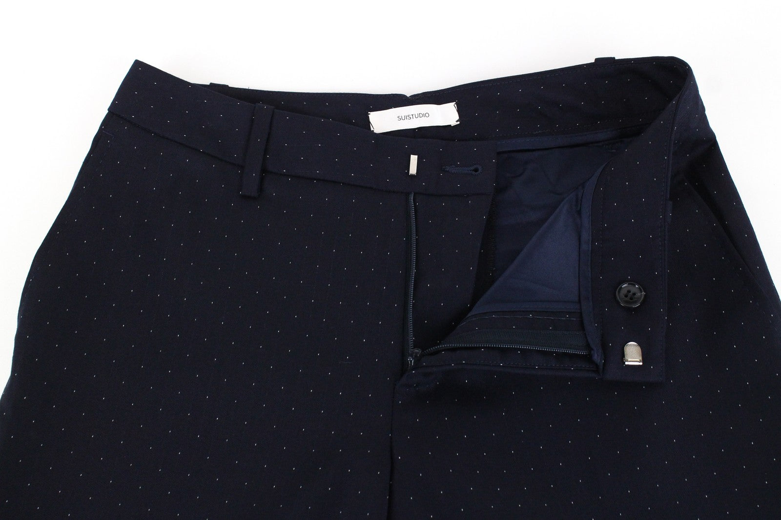 SUISTUDIO Grey Women Trousers UK8 Navy Pure Wool Dot Patterned Pleated Formal