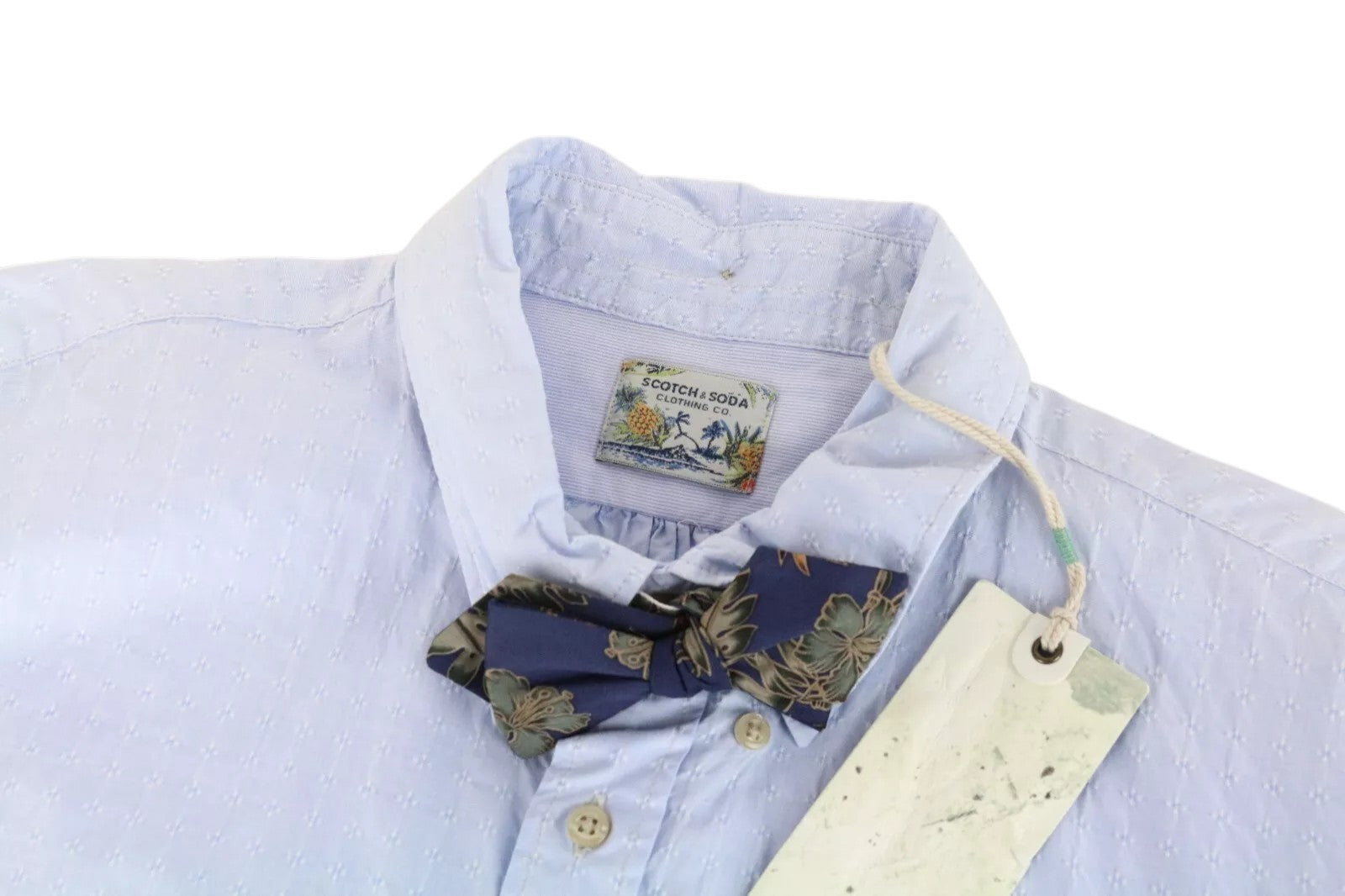 SCOTCH & SODA Ams Couture Men Shirt ~L Blue Long Sleeved Bowtie Button-Up