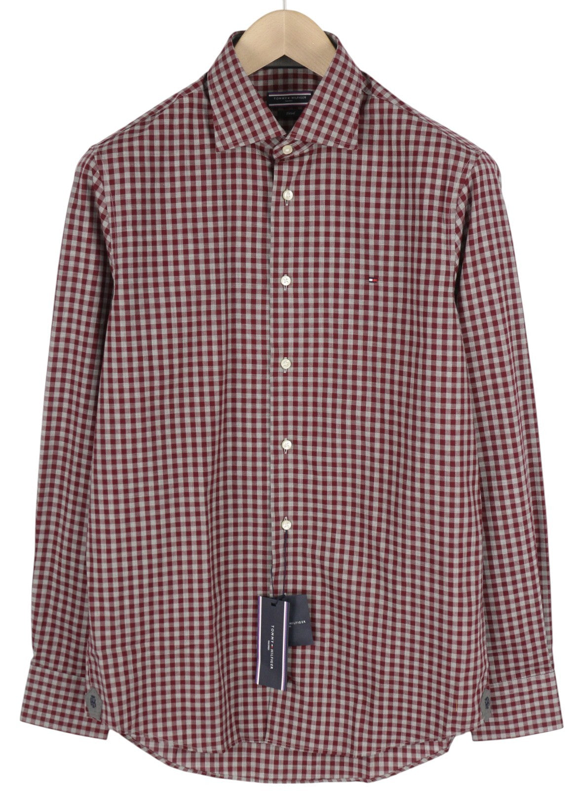 TOMMY HILFIGER Men Shirt S Burgundy Check Tailored Fitted Button-Up Cutaway