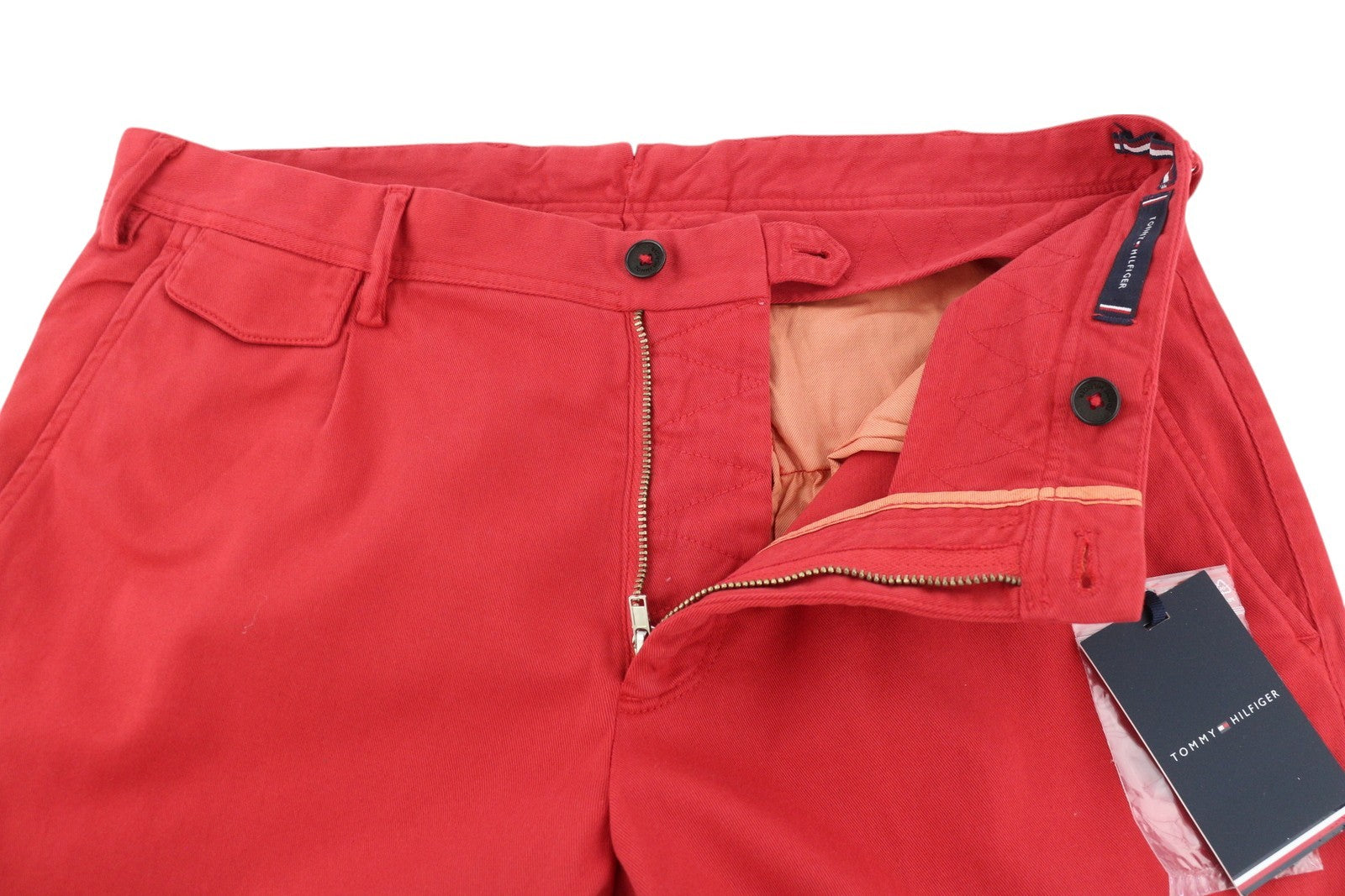 TOMMY HILFIGER Twill Stretch Men Trousers W32 Chino Pleated Slim Fit Zip Red