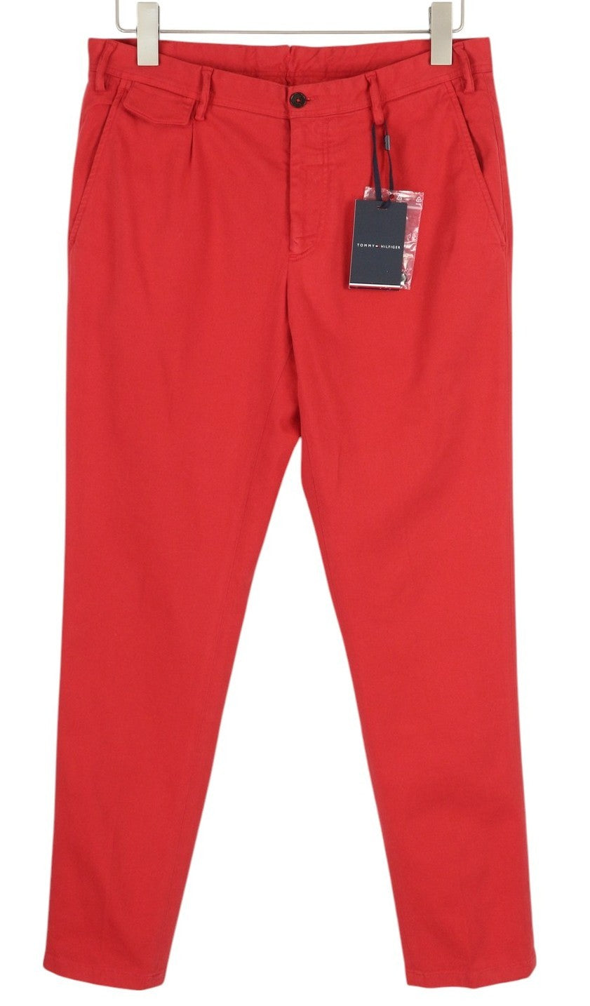 TOMMY HILFIGER Twill Stretch Men Trousers W33 Chino Pleated Slim Fit Zip Red