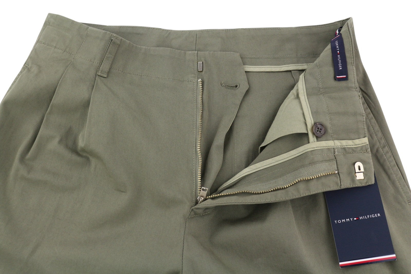 TOMMY HILFIGER Army Stretch Twill Men Trousers W32 Khaki Pleated Zip Tapered