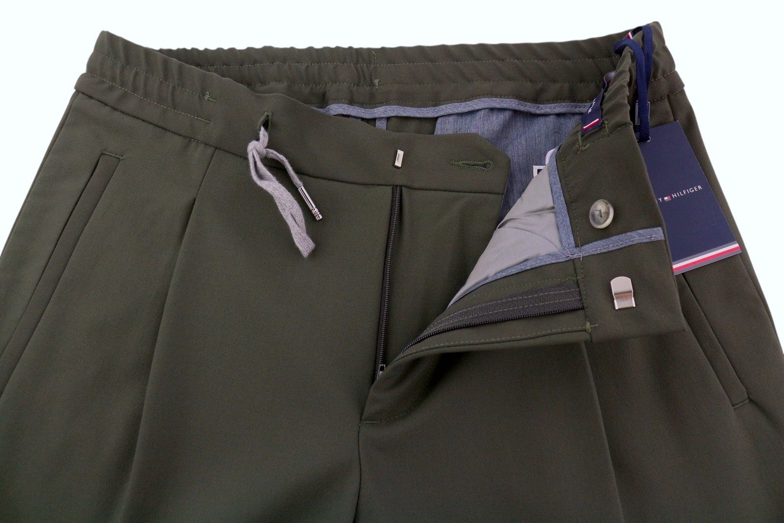 TOMMY HILFIGER THFlex Men Trousers W31 Khaki Plain Pleated Elastic Waist Slim