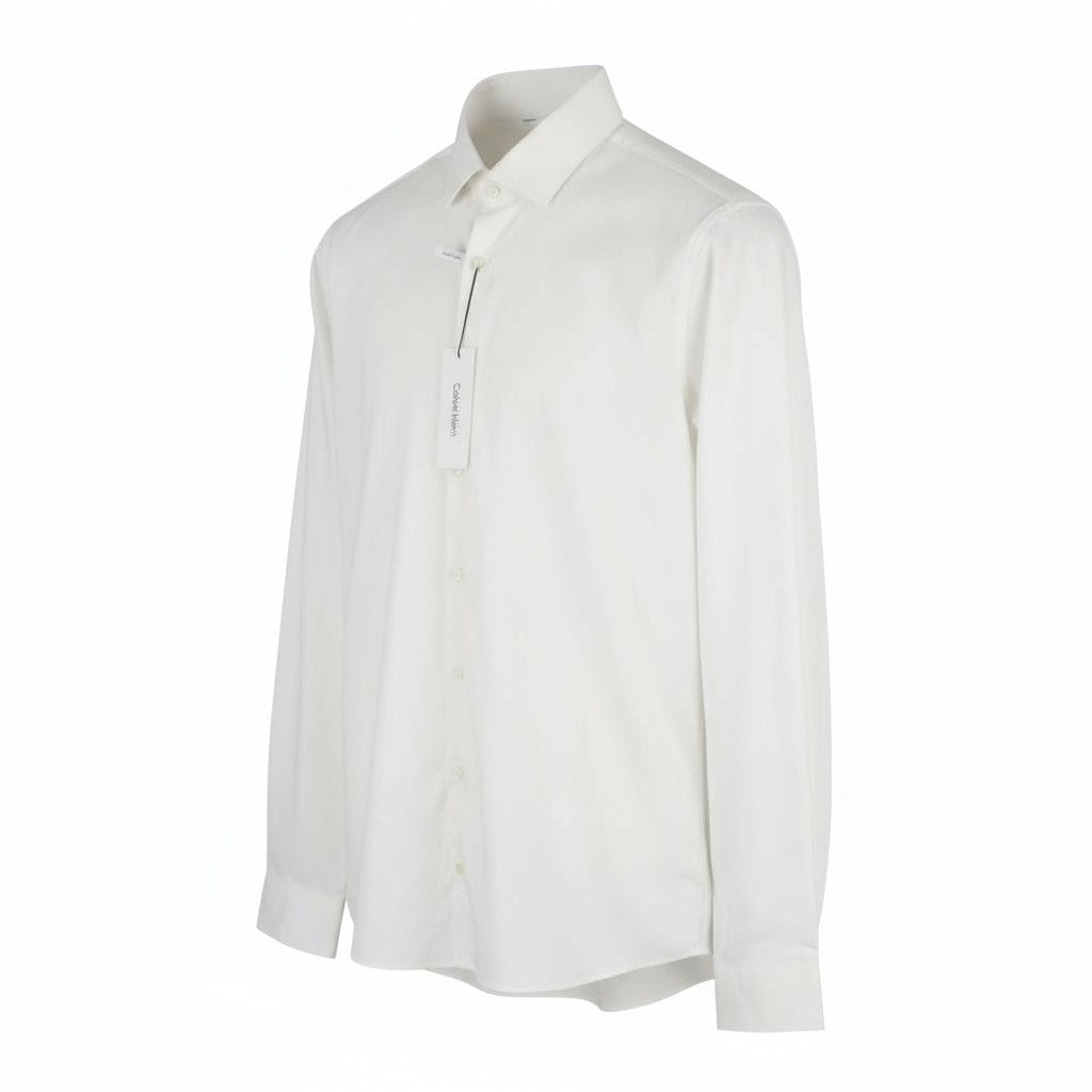 CALVIN KLEIN Structure Solid Slim Men Formal Shirt L White Button Cotton Spread