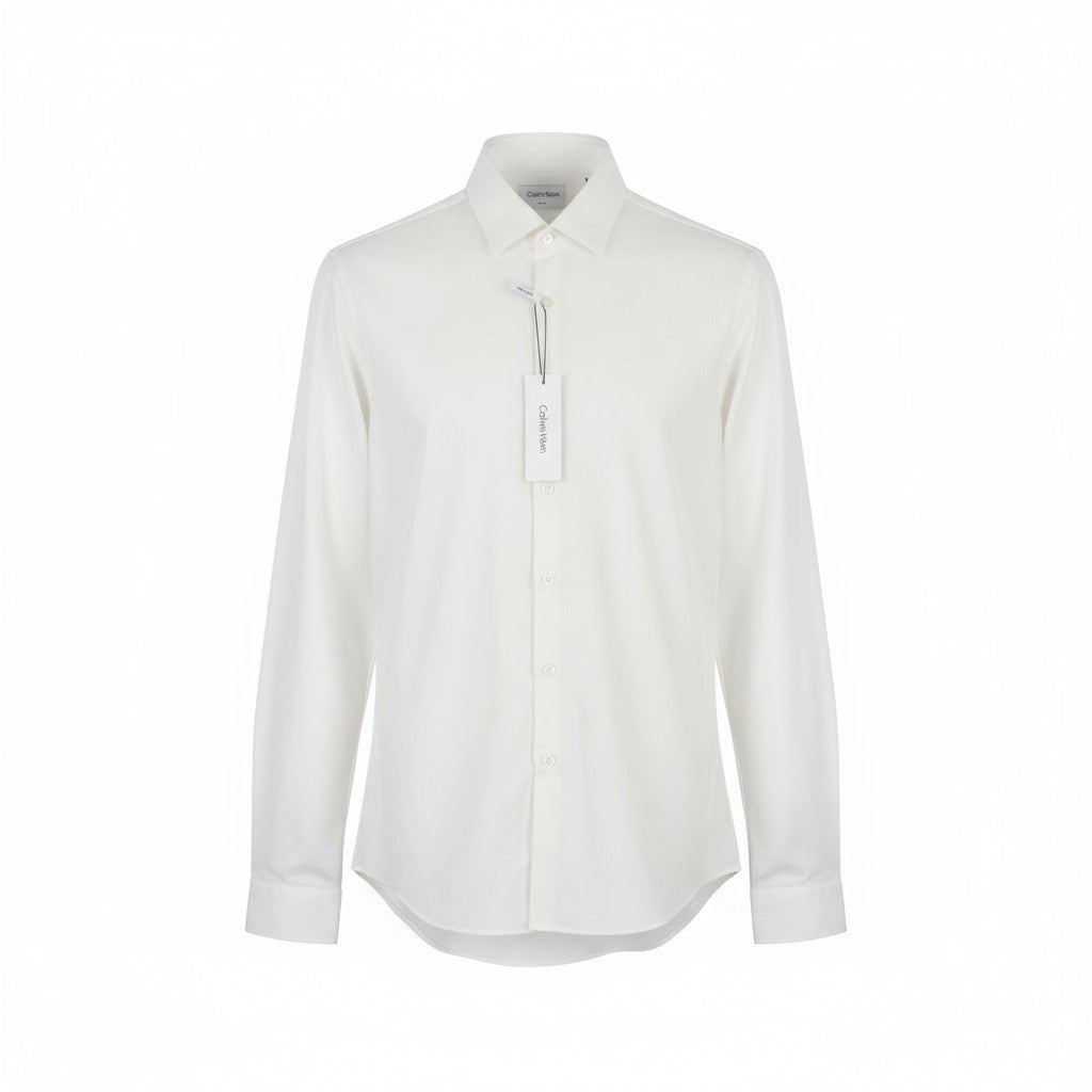 CALVIN KLEIN Structure Solid Slim Men Formal Shirt M White Button Cotton Spread