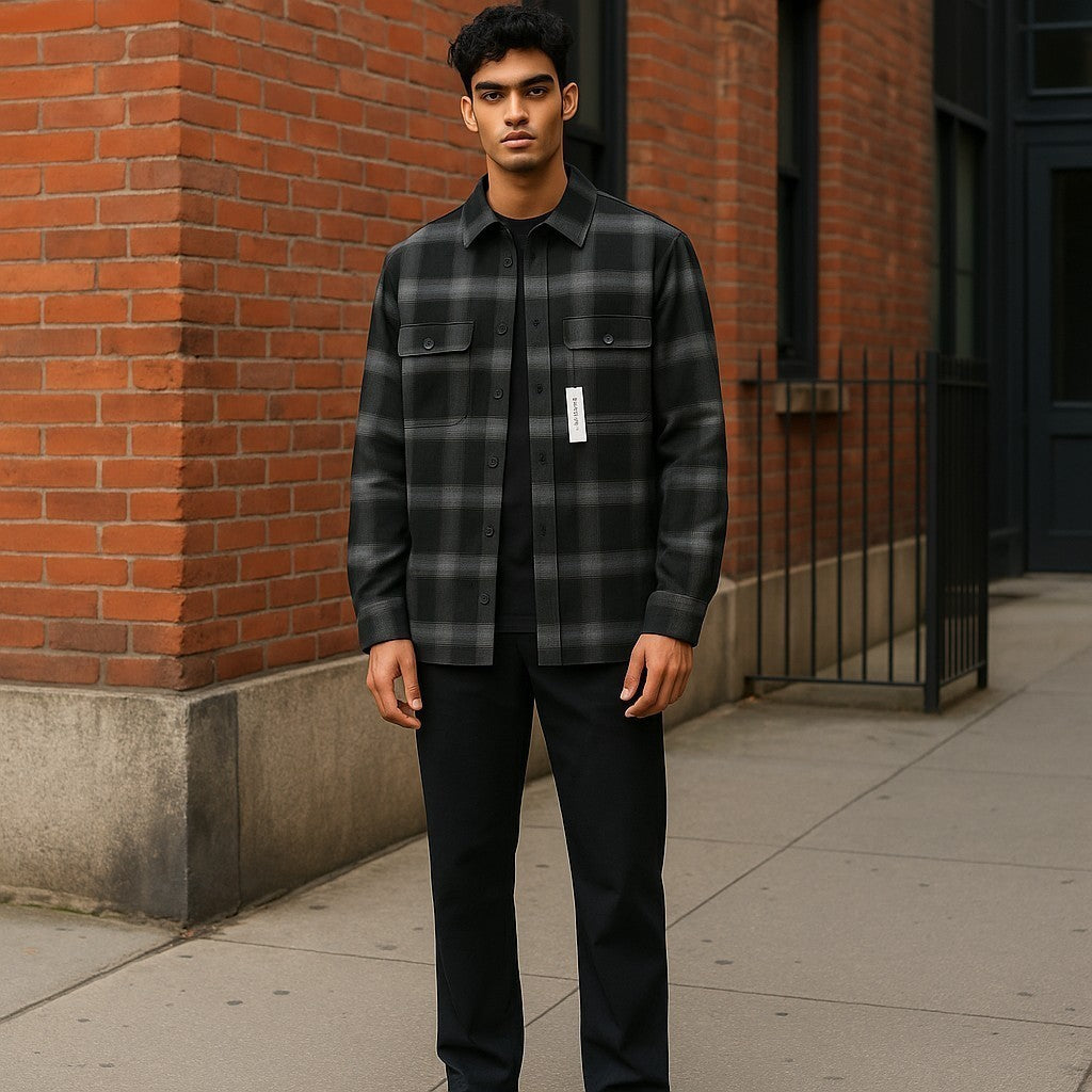 CALVIN KLEIN Twill Fleece Check Jacket M Black Overshirt Snap Buttons Spread