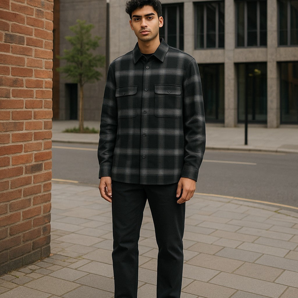 CALVIN KLEIN Twill Fleece Check Jacket S Black Overshirt Snap Buttons Spread