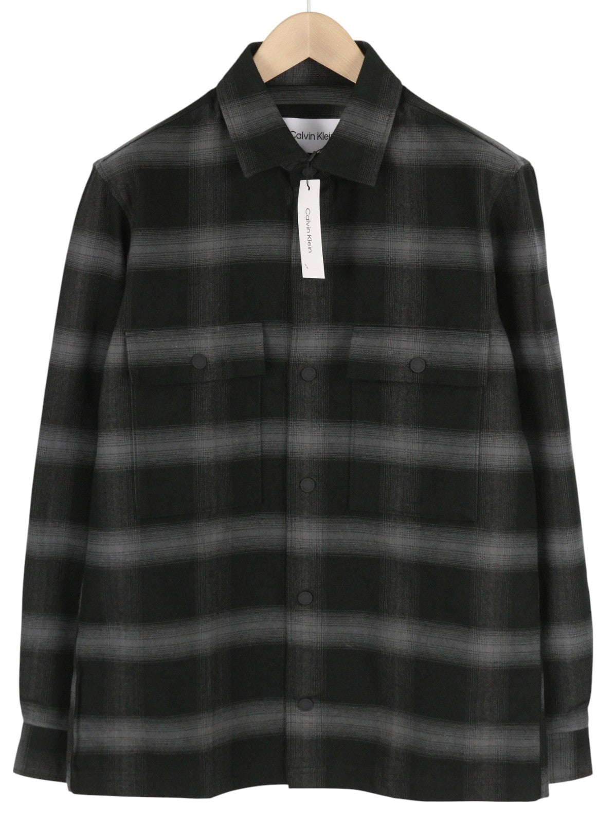 CALVIN KLEIN Twill Fleece Check Jacket L Black Overshirt Snap Buttons Spread