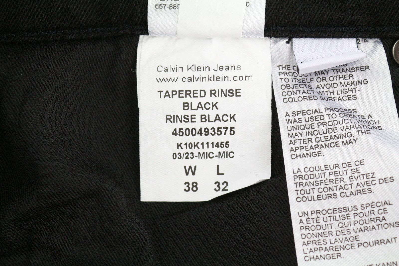 CALVIN KLEIN Tapered Rinse Black Jeans W38/L32 Stretch Zip Fly Pockets Denim
