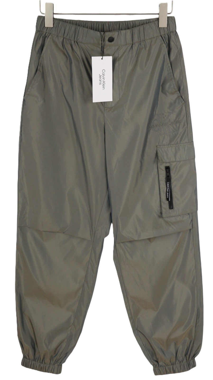 CALVIN KLEIN Men Trousers S Grey Elastic Waist Shiny Look Thin Track Zip Cargo