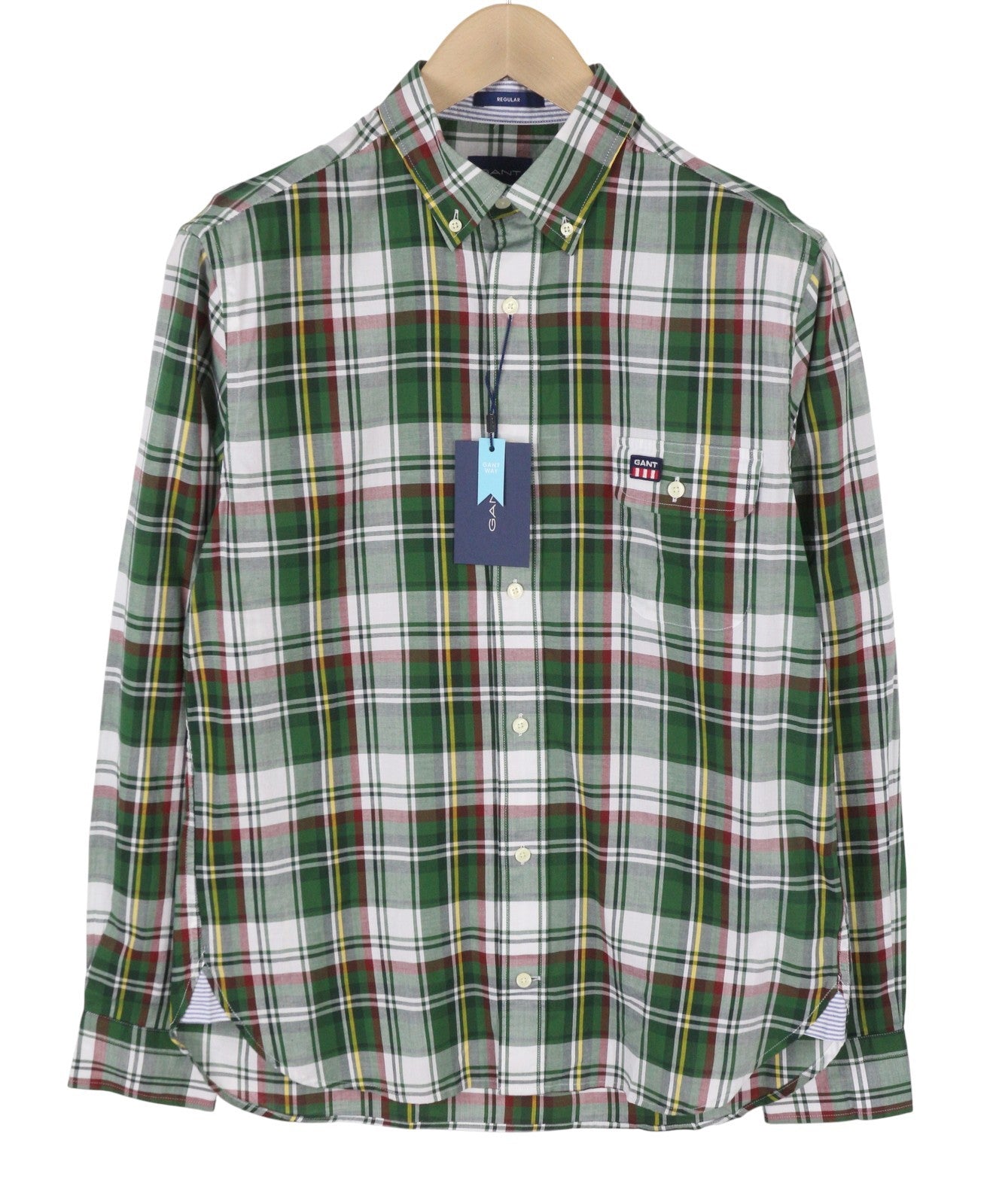 GANT Reg Ut Washed Check Men Shirt S Eden Green Button-Down Logo Casual