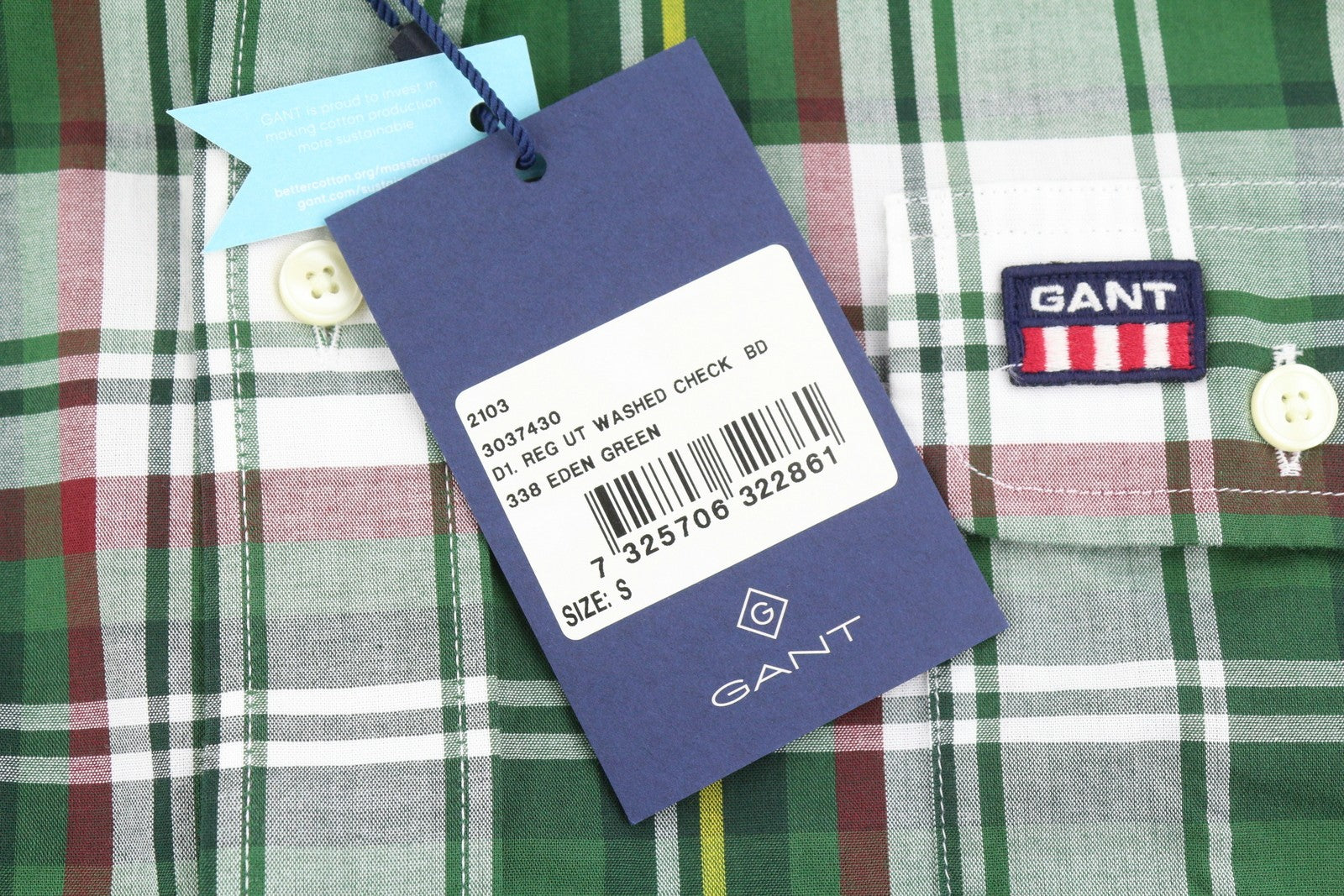 GANT Reg Ut Washed Check Men Shirt S Eden Green Button-Down Logo Casual