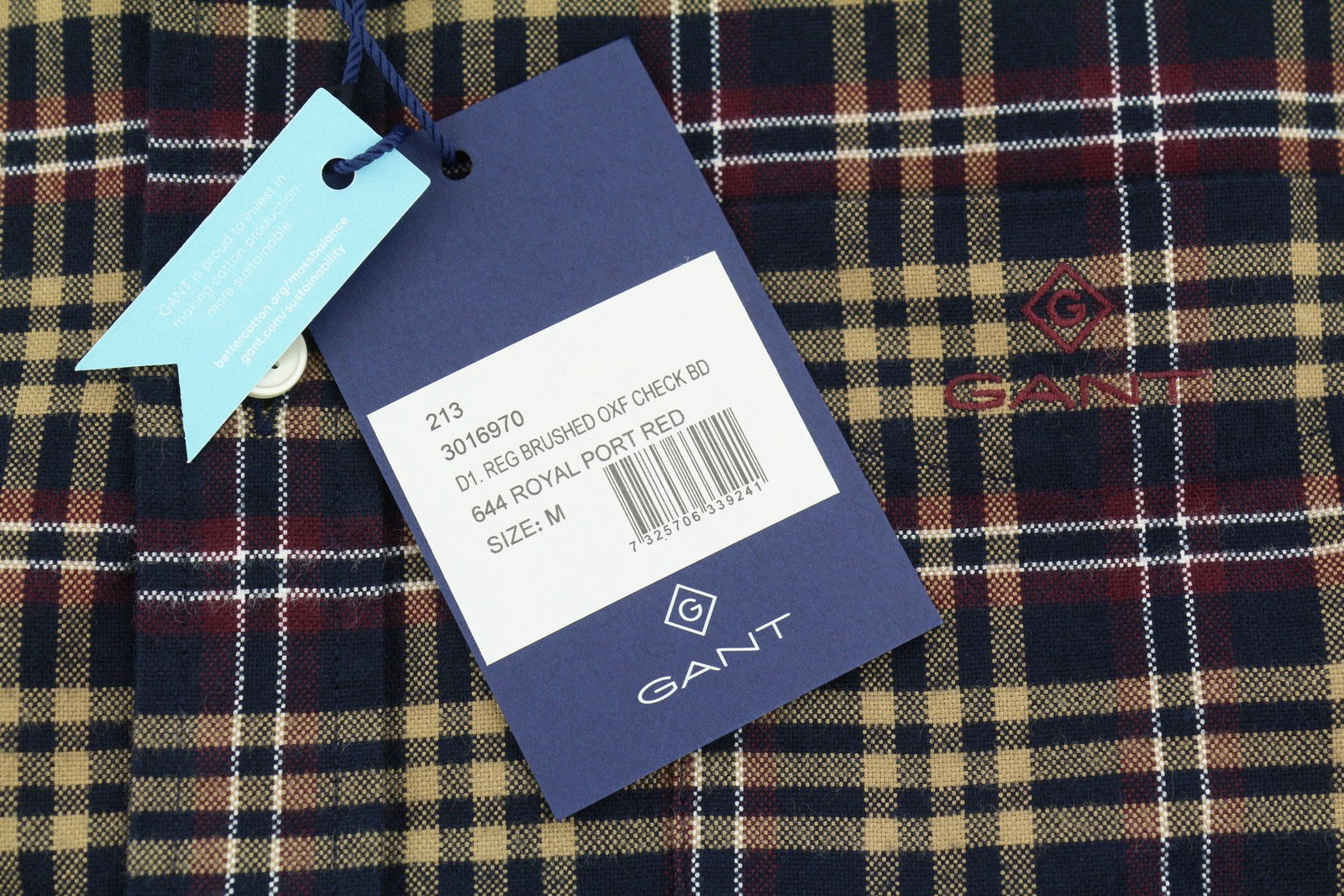 GANT Reg Brushed Oxf Check Men Shirt M Royal Port Red Button-Down Flannel