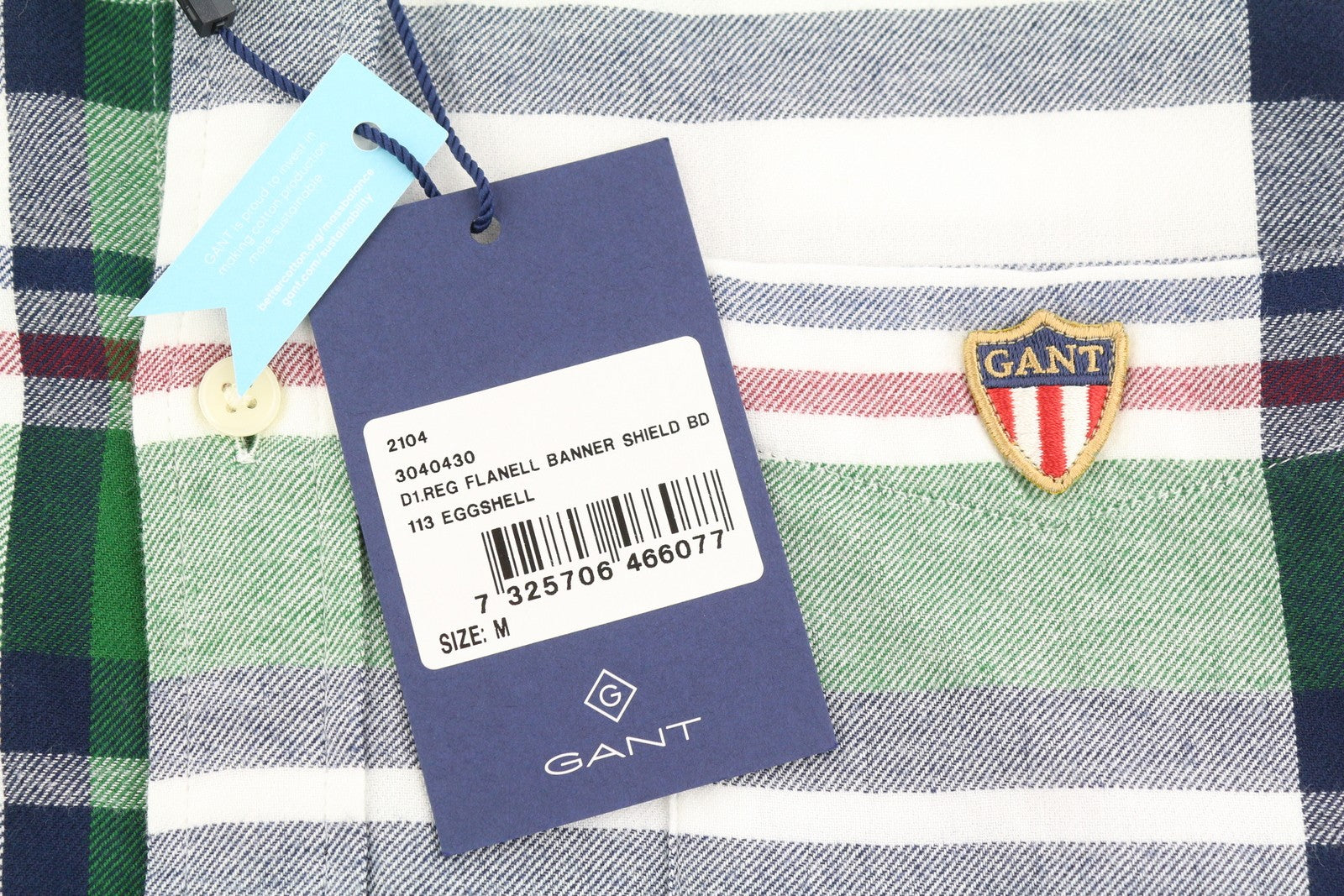 GANT Reg Flannel Banner Shield Men Shirt M Eggshell Button-Down Pocket