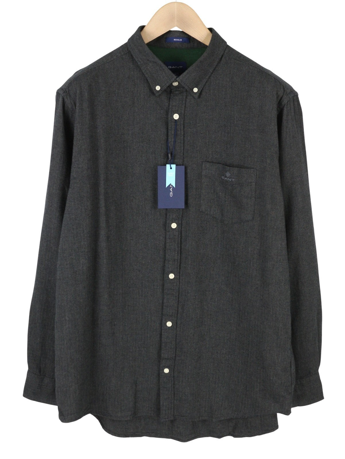 GANT Reg Herringbone Flannel Men Shirt XL Charcoal Melange Pocket Casual