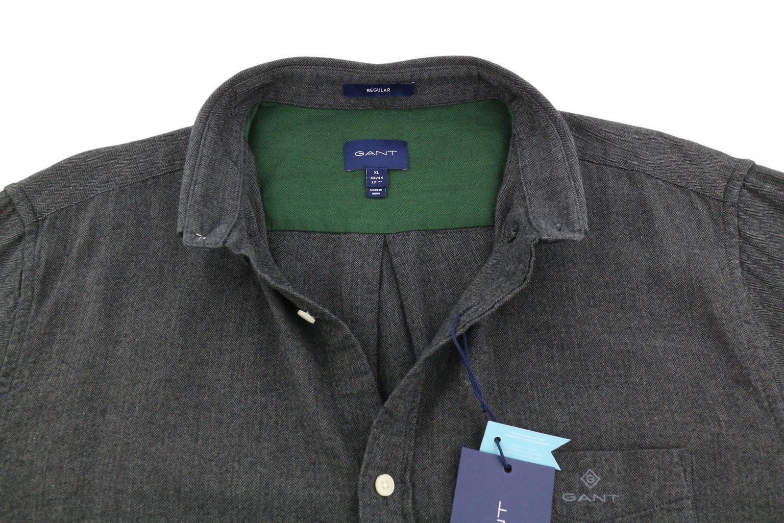 GANT Reg Herringbone Flannel Men Shirt XL Charcoal Melange Pocket Casual