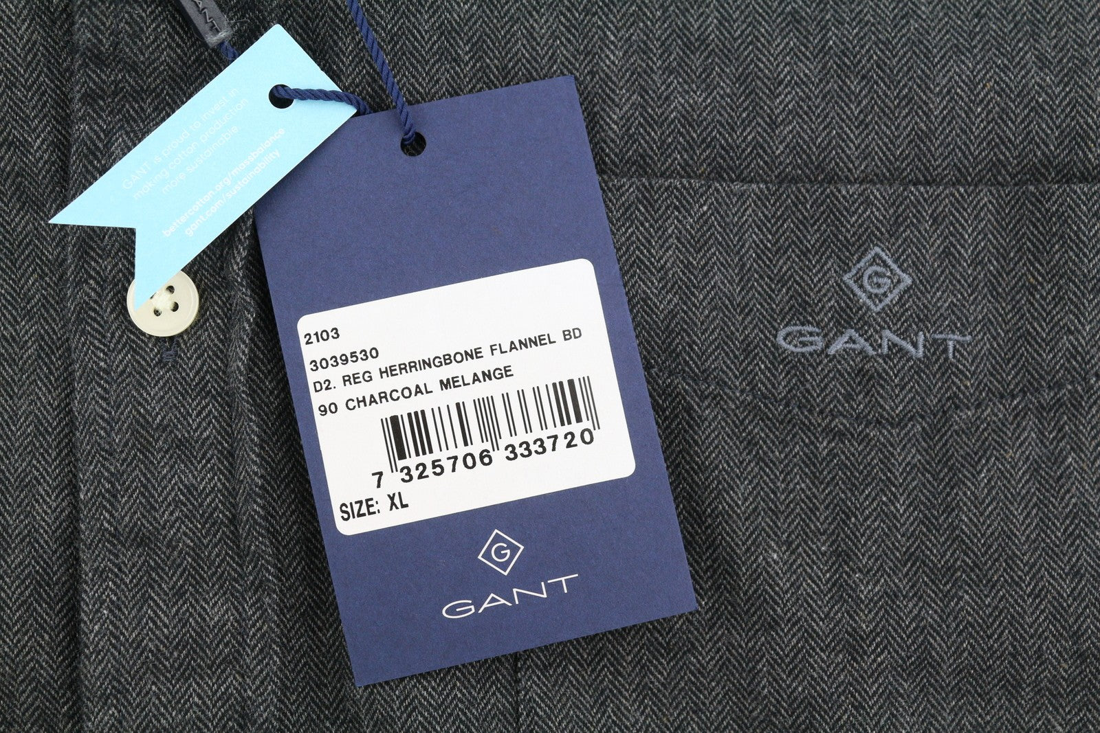 GANT Reg Herringbone Flannel Men Shirt XL Charcoal Melange Pocket Casual