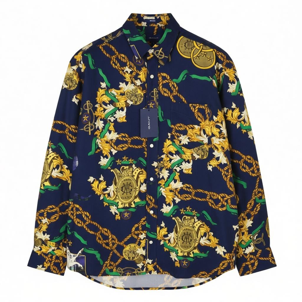 GANT Rel Chain Print Lyocell Town Men Shirt L Evening Blue Relaxed Casual
