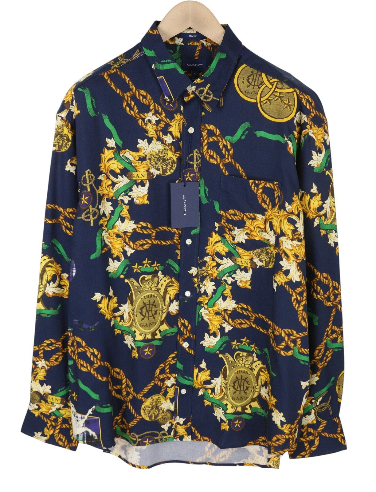 GANT Rel Chain Print Lyocell Town Men Shirt L Evening Blue Relaxed Casual