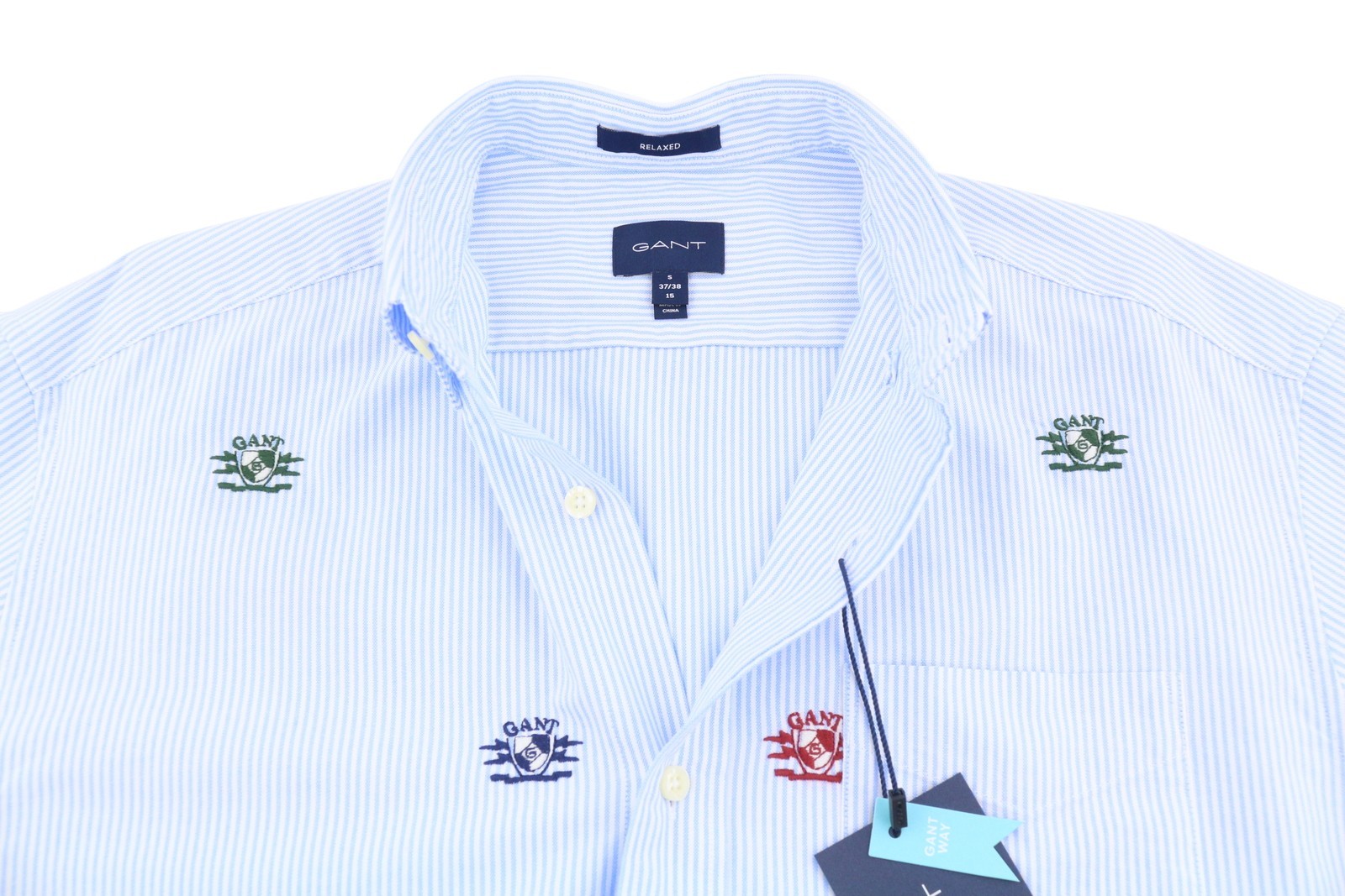 GANT Rel Emb Crest Oxford Men Shirt S Capri Blue Striped Relaxed Fit