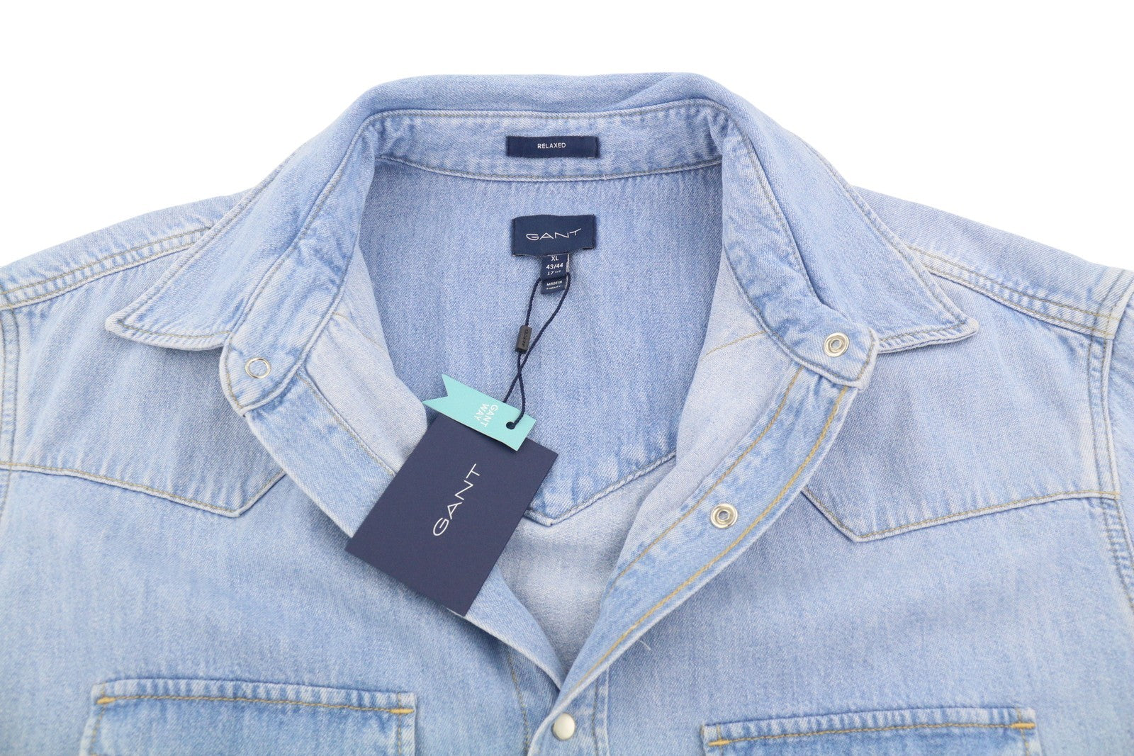 GANT Rel Denim Western Town Men Shirt XL Light Blue Snap Buttons Casual
