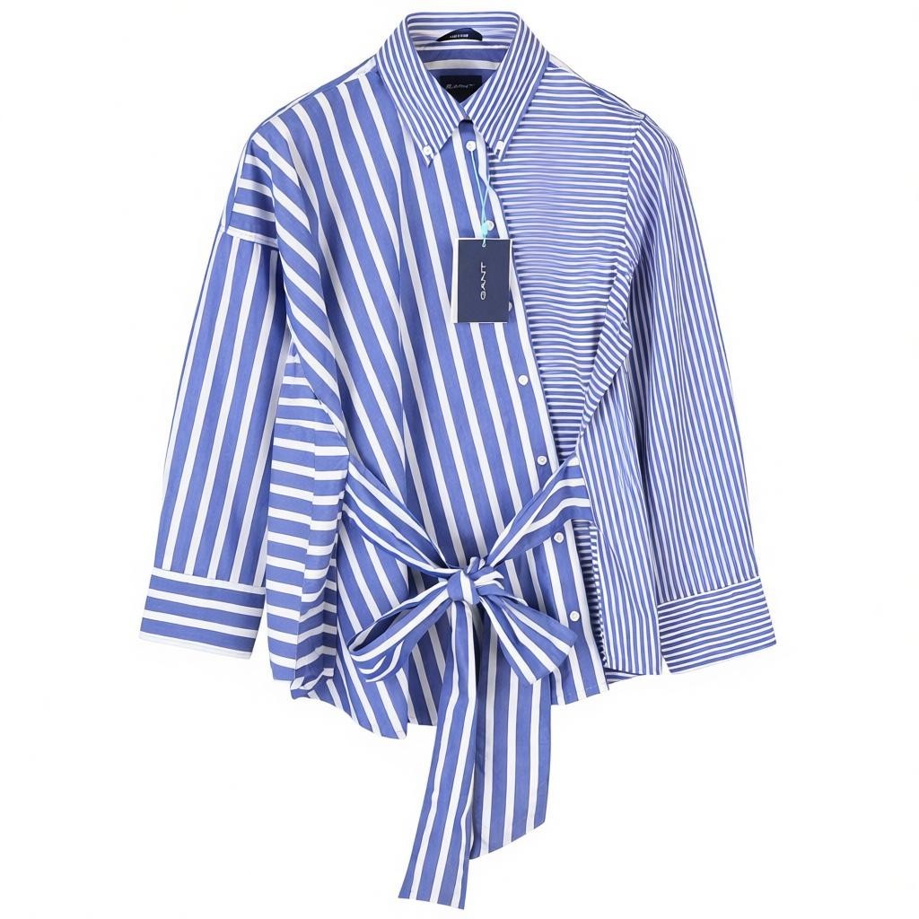 GANT Tech Prep Mix Stripe Women Shirt EU40 College Blue Belted Button Neck