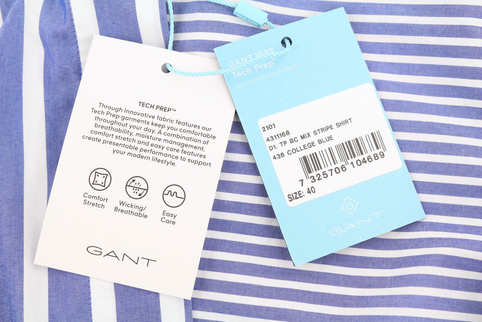 GANT Tech Prep Mix Stripe Women Shirt EU40 College Blue Belted Button Neck