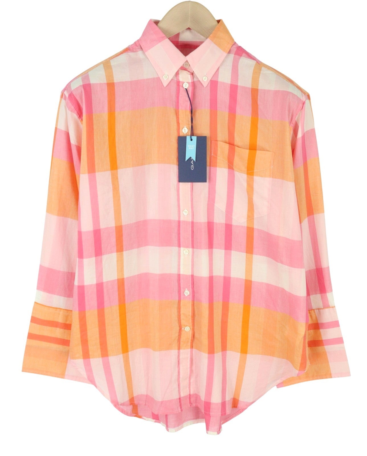 GANT Rel Wide Cuff Madras Women Shirt EU34 Preppy Pink Button Neck Casual