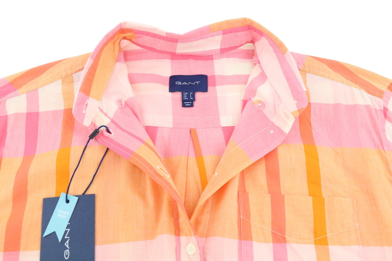 GANT Rel Wide Cuff Madras Women Shirt EU34 Preppy Pink Button Neck Casual