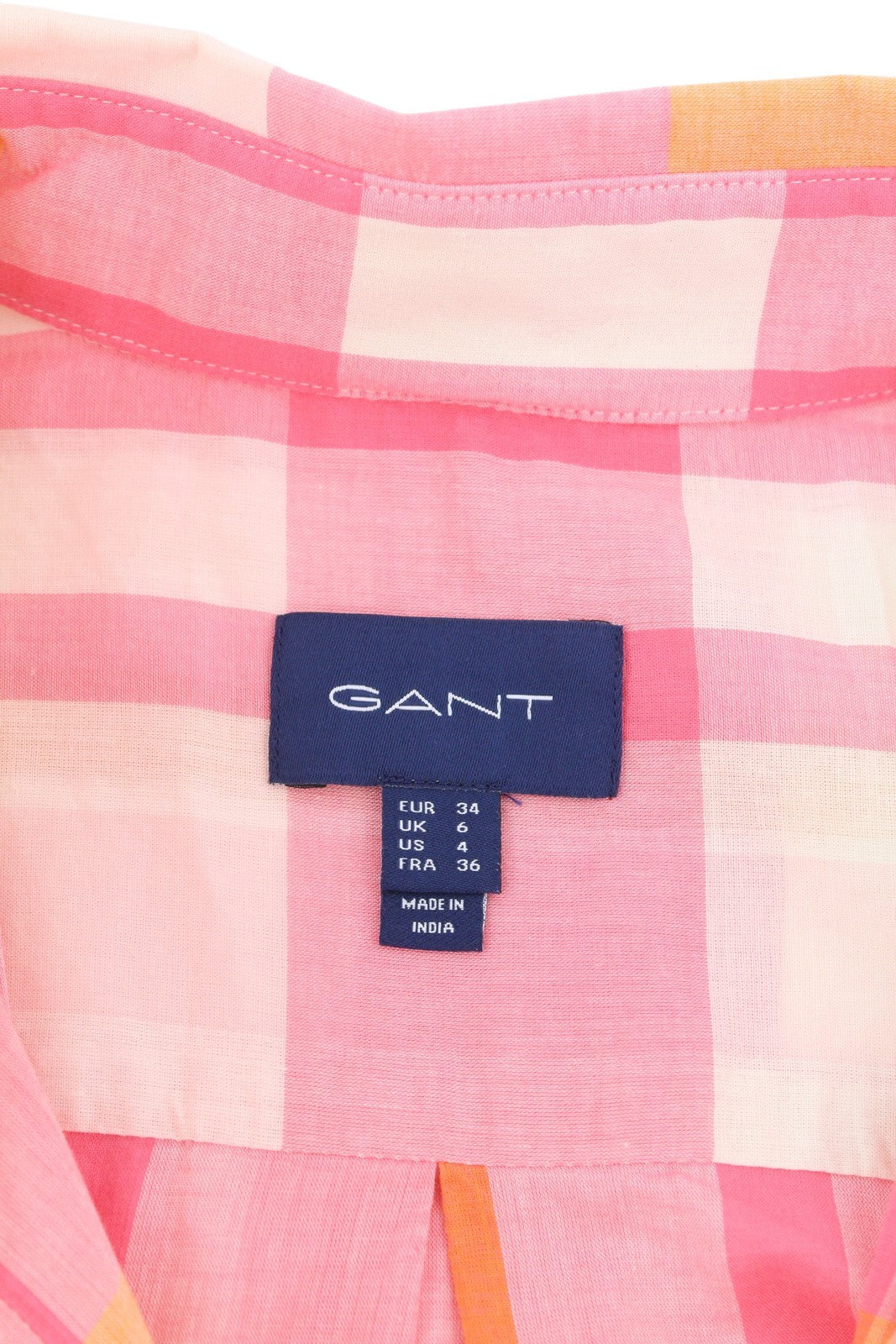 GANT Rel Wide Cuff Madras Women Shirt EU34 Preppy Pink Button Neck Casual