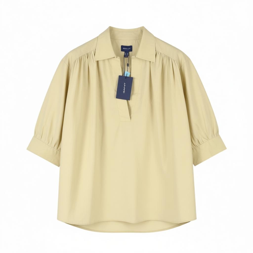 GANT Lux Poplin Popover Women Blouse EU46 Desert Beige V-Neck 3/4 Sleeve