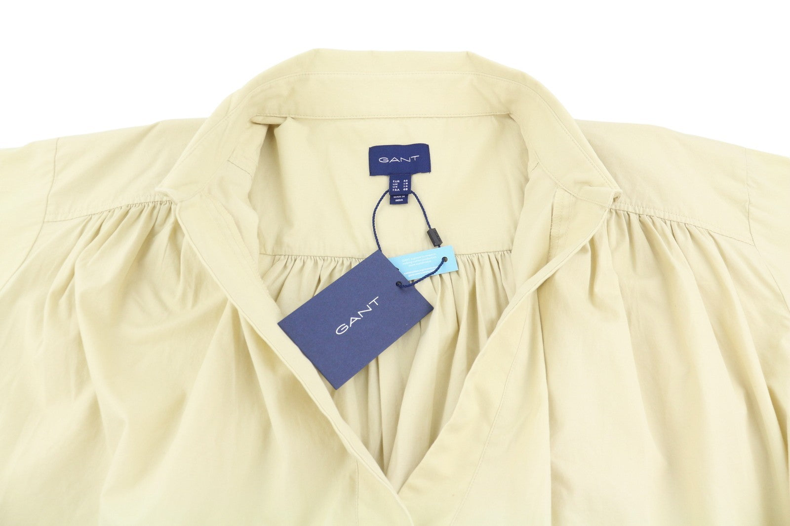 GANT Lux Poplin Popover Women Blouse EU46 Desert Beige V-Neck 3/4 Sleeve