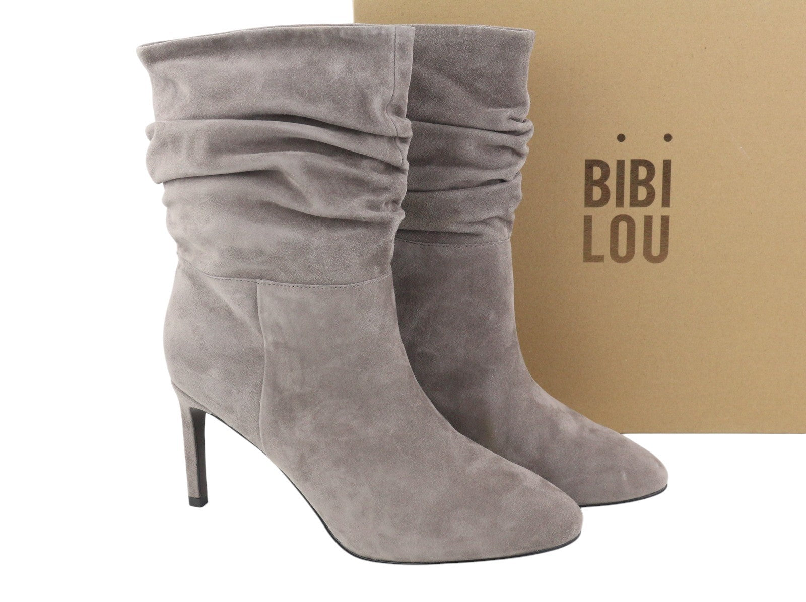 BIBI LOU Women Boots EU40 Grey Suede Leather Crinkled Almond Toe Heels