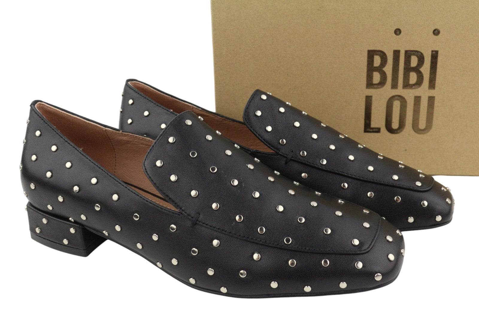 BIBI LOU Lilian Women Flats EU37 Black Leather Studded Square Toe RRP179