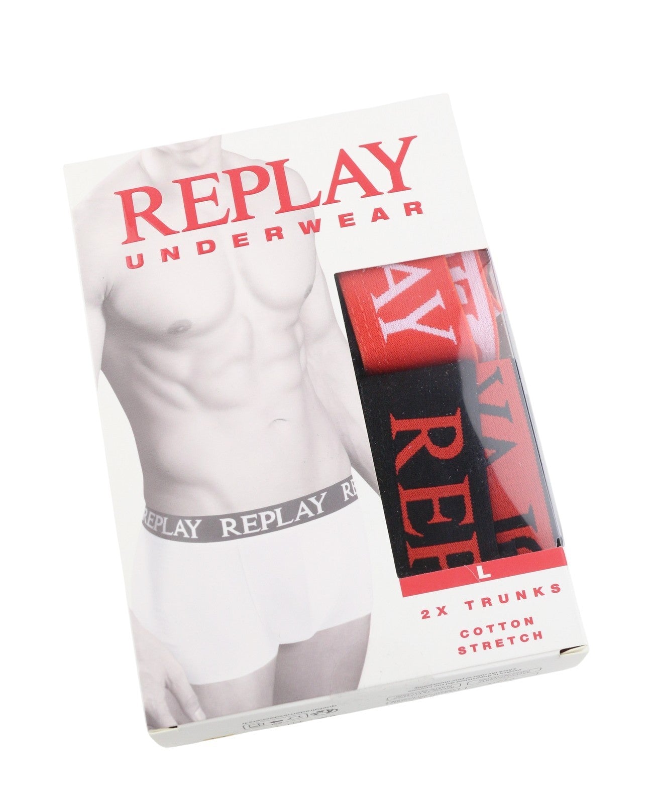 REPLAY Men Underwear L Black Waist Logo Cotton Stretch Trunks 2 Pack