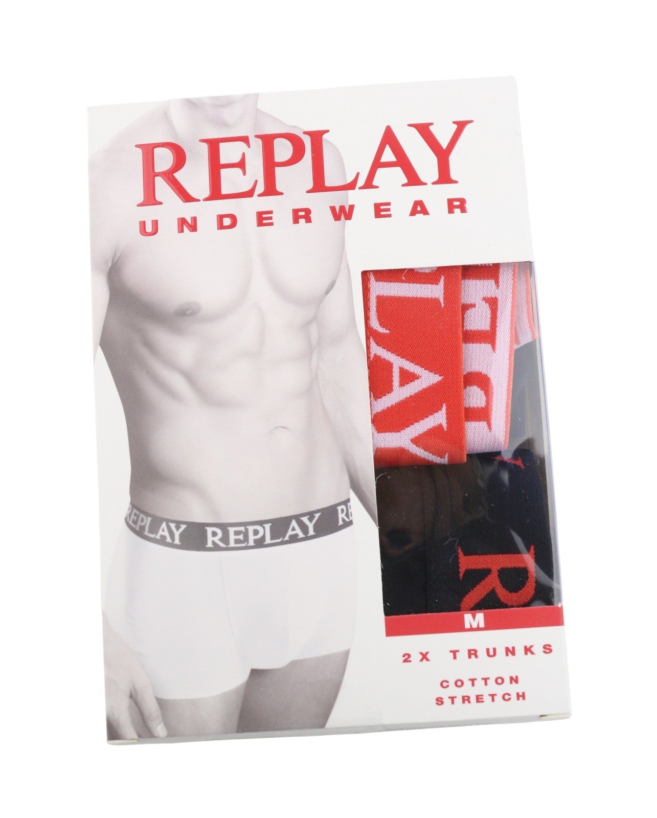 REPLAY Men Underwear M Black Waist Logo Cotton Stretch Trunks 2 Pack