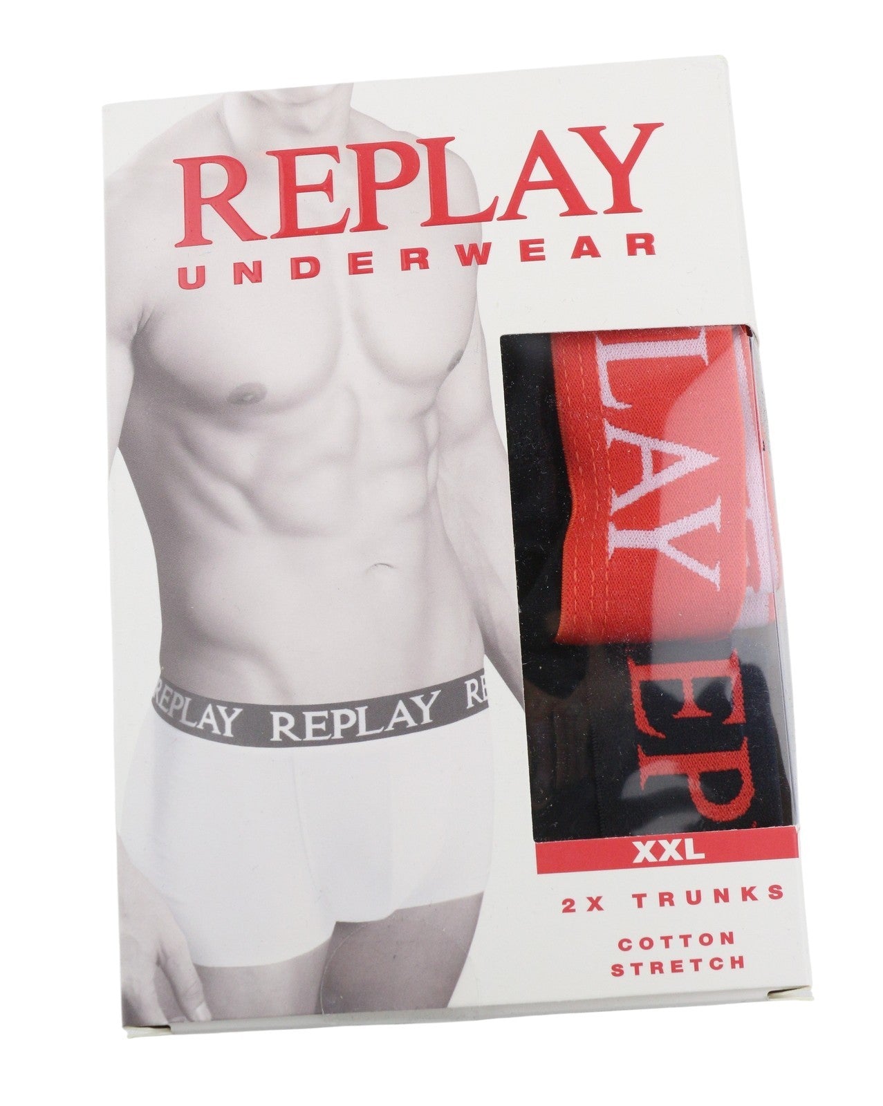 REPLAY Men Underwear 2XL Black Waist Logo Cotton Stretch Trunks 2 Pack