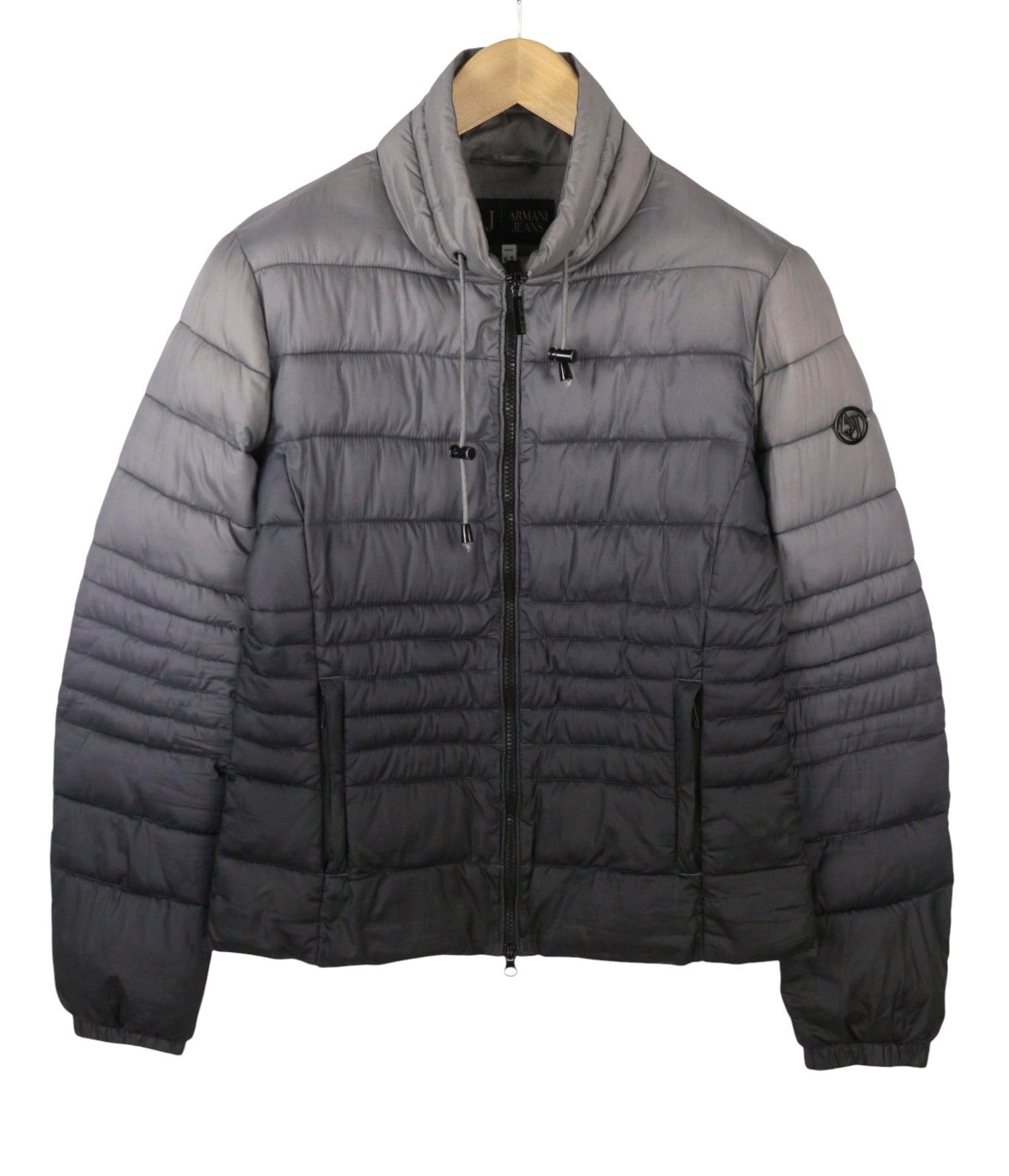 ARMANI JEANS Women Jacket EU44 Grey Faded Quilted Padded High Neck Full Zip