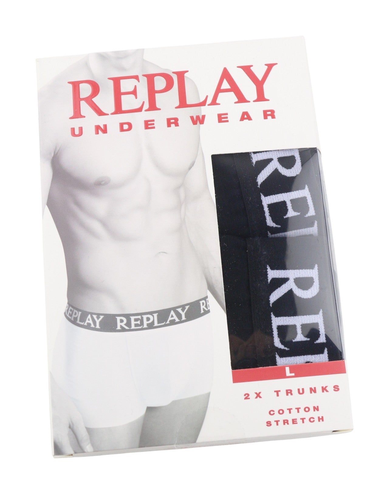 REPLAY Men Underwear L Black Elastic Waist Cotton Stretch Trunks 2 Pack