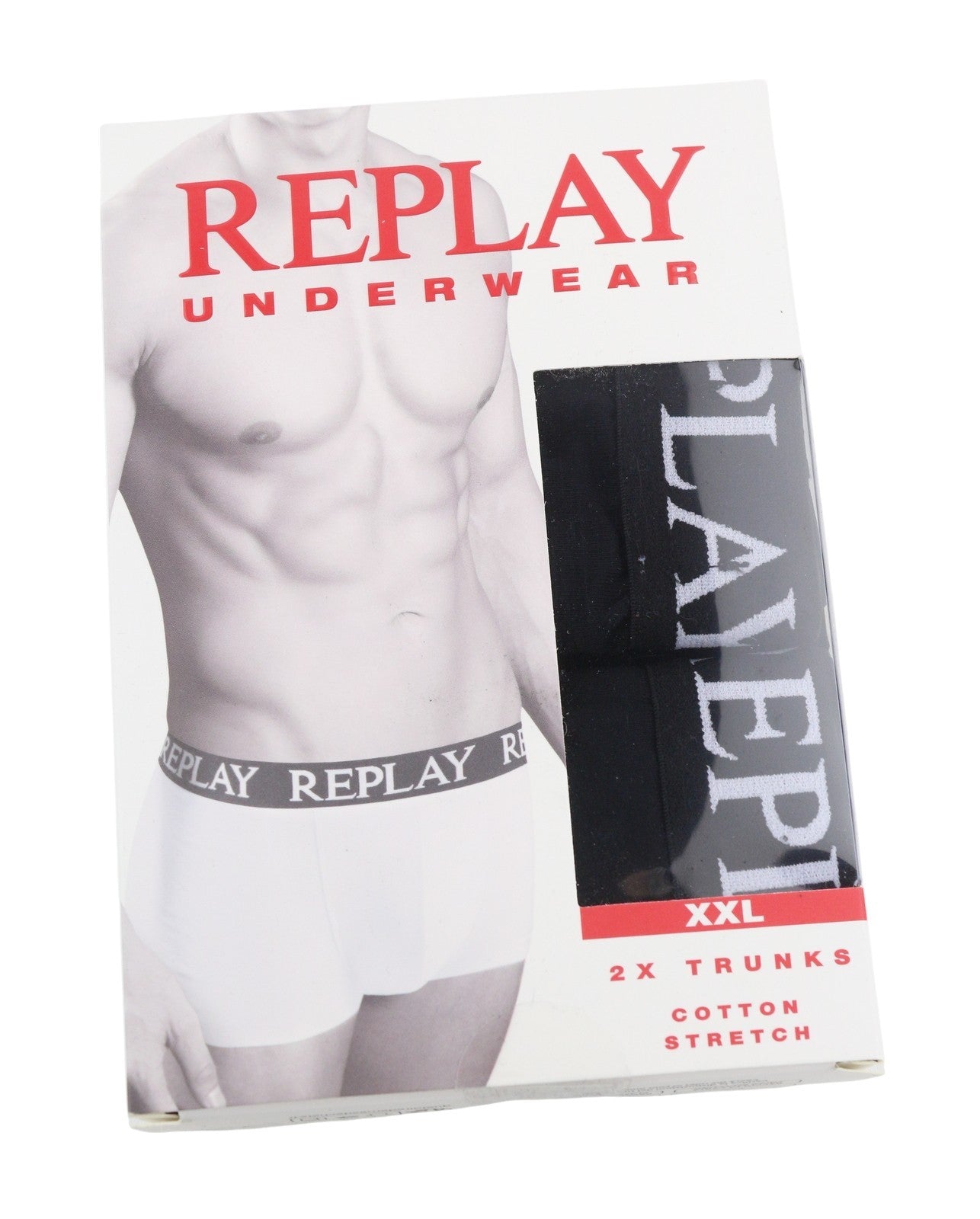 REPLAY Men Underwear 2XL Black Elastic Waist Cotton Stretch Trunks 2 Pack
