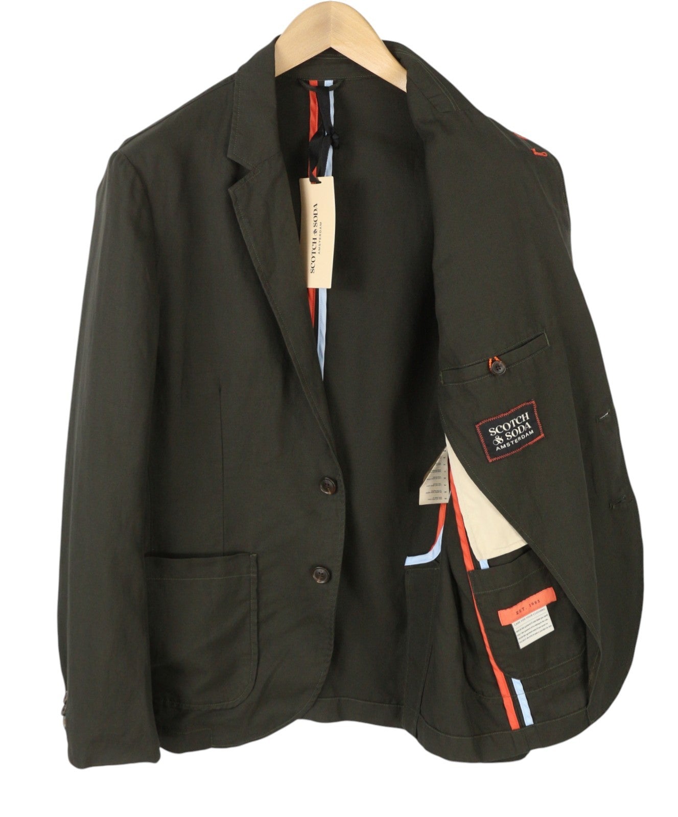 SCOTCH & SODA Men Blazer L Khaki Green Notch Lapel Unlined Single-Breasted