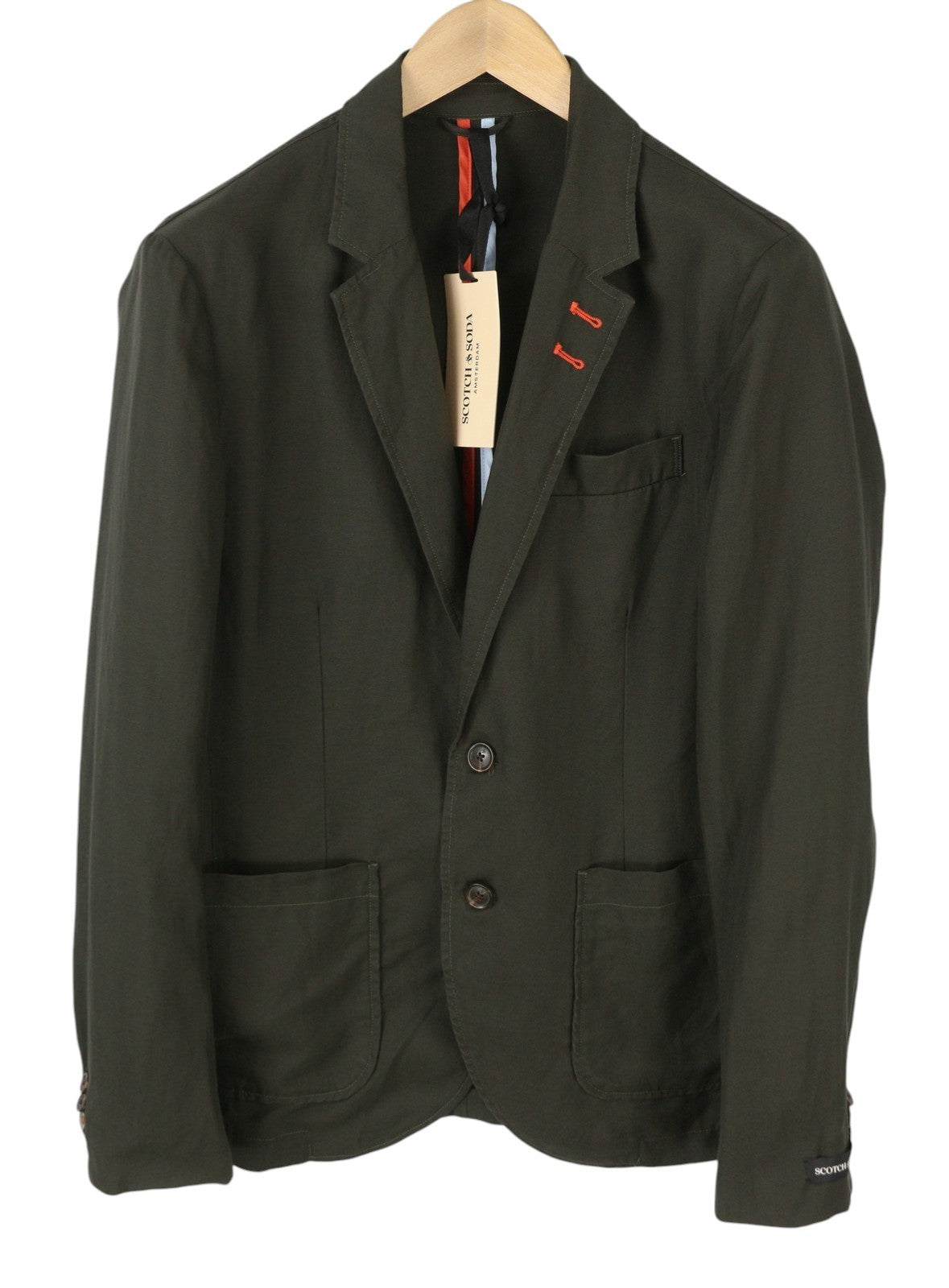 SCOTCH & SODA Men Blazer L Khaki Green Notch Lapel Unlined Single-Breasted