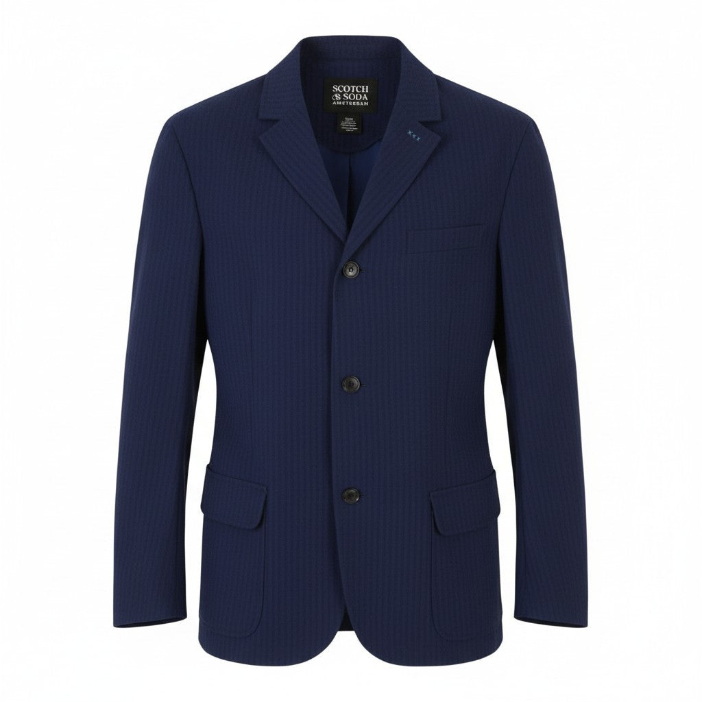 SCOTCH & SODA Men Blazer M Dark Blue Seersucker Notch Lapel Single Breasted