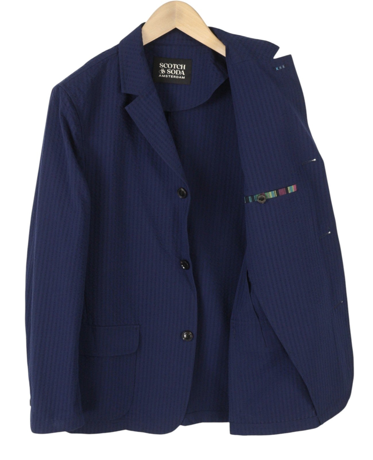 SCOTCH & SODA Men Blazer M Dark Blue Seersucker Notch Lapel Single Breasted
